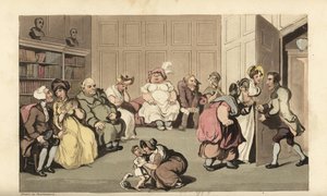 Johnny con otros pacientes en la sala de espera del doctor charlatán Anodyne. Grabado en cobre coloreado a mano por Thomas Rowlandson del libro La historia de Johnny Quae Genus, el pequeño expósito del difunto Doctor Syntax, de William Combe de Thomas Rowlandson