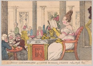 La Belle Liminaudiere en el Café de Mille Collone, Palais Royal, París de Thomas Rowlandson