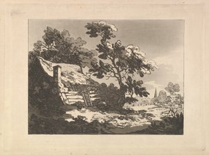 Paisaje con una casita entre los árboles a la izquierda y el campanario de una iglesia a lo lejos a la derecha