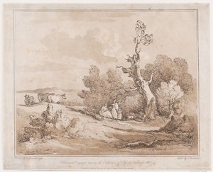 Paisaje con figuras recogiendo leña bajo árboles retorcidos, 21 de mayo de 1789 de Thomas Rowlandson