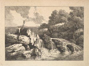 Paisaje con dos pescadores escalando rocas junto a una cascada, 1784-88 de Thomas Rowlandson