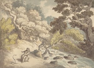 Paisaje con arroyo caudaloso y una pareja en la orilla, asustada por una serpiente, 1775-1827 de Thomas Rowlandson