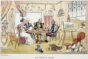 El doctor en un taller de artista - en “Los tres viajes del Doctor Syntax: en busca del pintoresco consuelo y una esposa” de William Combe, ill. Rowlandson de Thomas Rowlandson