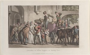 Liberalidad hacia mendigos enfermos al salir de Yrvi, del Journal of Sentimental Travels, 1821 de Thomas Rowlandson