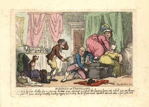 Hombre y dos mujeres tratando de cerrar un baúl lleno de Thomas Rowlandson