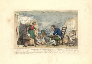 Hombre usando fuelles frente a un fuego en una habitación llena de humo de Thomas Rowlandson