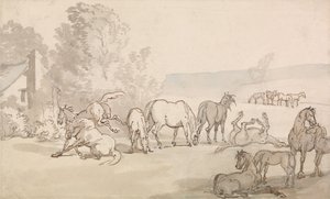 Yeguas y potros en un prado de Thomas Rowlandson