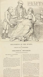 Melpómene, de bajón; o «Juegos de niños», defendida por los monarcas del teatro de Thomas Rowlandson