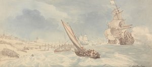 Buques de guerra y veleros cerca de la costa de Thomas Rowlandson