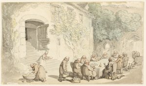Monjes cenando al aire libre (anverso); calle Village (reverso) de Thomas Rowlandson