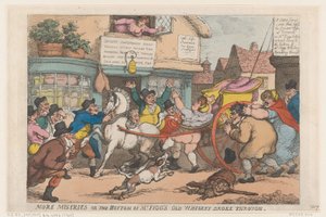 Más miserias: El fondo del viejo whisky de Mr. Figg se rompió, 1807 de Thomas Rowlandson