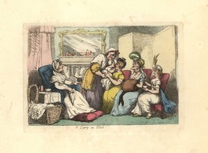 Madre con recién nacido visitada por varias mujeres en un salón de Thomas Rowlandson