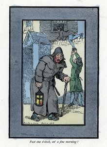 Vigilante nocturno con su linterna y bastón, desatento a dos ladrones que entran en una casa detrás de él (1819). Grabado en madera, basado en una pintura de Thomas Rowlandson (1756-1827), publicado en The Cries of London: con seis encantadores niños y cas de Thomas Rowlandson