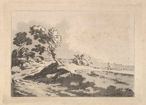 Paisaje abierto con tres jinetes en la distancia media dirigiéndose a la derecha de Thomas Rowlandson
