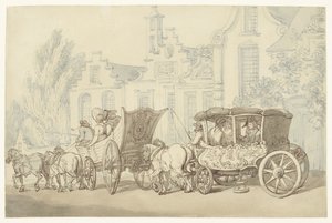 Coche de turismo abierto y carruaje en una calle casi holandesa de Thomas Rowlandson