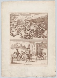 Feria de cerámica en Cambridge, y, La puerta del colegio, 1780-90 de Thomas Rowlandson