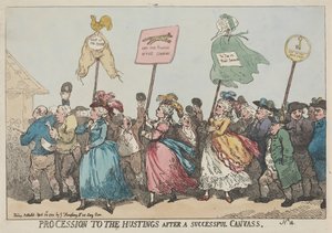 Procesión hacia la tribuna electoral tras una campaña electoral exitosa de Thomas Rowlandson