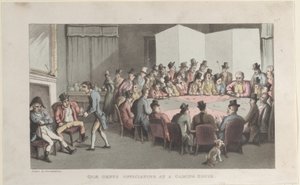 Quae Genus oficiando en una casa de juegos, de La historia de Johnny Quae Gen, 1 de noviembre de 1821 de Thomas Rowlandson