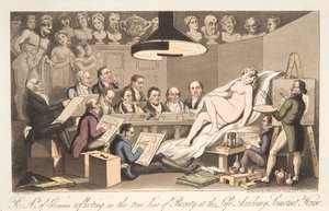 R---A---ys de genio reflexionando sobre la verdadera línea de la belleza en la Academia de la Vida, Somerset House, de The English Spy, pub. 1824
