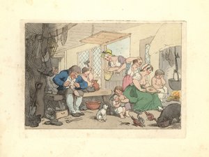 Zapatero de la Regencia reparando zapatos en una habitación abarrotada de Thomas Rowlandson