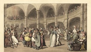 Fiesteros disfrazados en un baile de máscaras en un gran teatro de Thomas Rowlandson