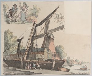 Escena de río con molino de viento de la lámina 9, Contornos de figuras, paisajes y C... de Thomas Rowlandson