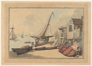 Botes de remos y un velero en la orilla de Thomas Rowlandson