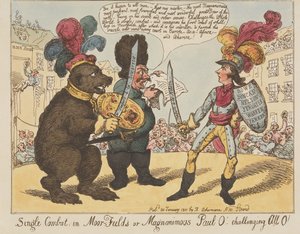 «Combate singular, en Moorfields, ¡o el magnánimo Paul O!» — ¡Desafiando a todos, O! (de: Caricature, vol. 4) de Thomas Rowlandson
