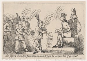 Sir Jeffery Dunstan presenta un discurso en nombre de la Corporación de Garratt de Thomas Rowlandson