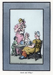 Mujer sentada vendiendo leche de codorniz y leche a una madre y sus hijos (1819) de Thomas Rowlandson