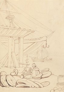 Boceto de una mujer y unos niños sentados en un muelle de embarque de Thomas Rowlandson