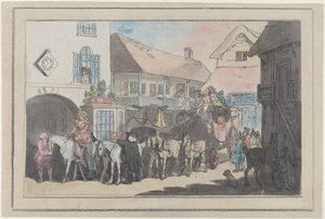 Carruaje y jinetes en el patio de una posada, preparándose para partir de Thomas Rowlandson
