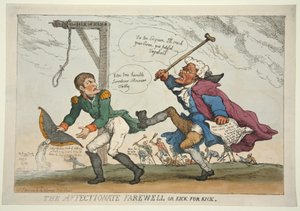 La despedida afectuosa o patada por patada, pub. 1814 (grabado coloreado a mano) de Thomas Rowlandson
