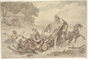 El carretero y los gitanos: Un carro volcado en un arroyo, volcando a un grupo de mujeres en el agua de Thomas Rowlandson