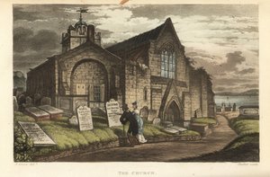 La Iglesia: viejos turistas leyendo las lápidas en un cementerio gótico. Grabado en cobre coloreado a mano por Thomas Rowlandson, aguafuerte por J.C. Stadler, basado en un boceto de J. Green de Poetical Sketches of Scarborough, Ackermann, Londres de Thomas Rowlandson