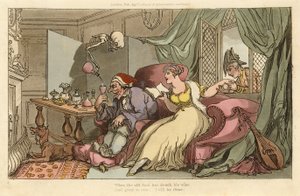 La Luna de Miel, de La Danza de la Muerte Inglesa, pub. 1816 (grabado coloreado a mano) de Thomas Rowlandson