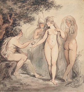 El Juicio de París, firmado "Rowlandson" (abajo a la izquierda) pluma y tinta marrón y acuarela, 7 ¼ x 6 ¾ pulg. (18,4 x 17,2 cm.) de Thomas Rowlandson