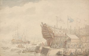 La botadura del H.M.S. «Hibernia» en 1804 de Thomas Rowlandson