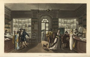 La Biblioteca. Clientes, incluida una mujer y su sirviente negro, mirando nuevos libros en una biblioteca circulante (quizás Ainsworth