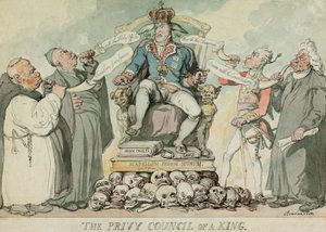 El Consejo Privado de un Rey, pub. 1815 (grabado coloreado a mano)