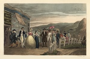 El paseo: turistas de moda paseando fuera de Cracknill Shells, Pebbles and Curiosities Shop. Grabado en cobre coloreado a mano por Thomas Rowlandson, aguafuerte por J.C. Stadler, después de un boceto de J. Green de Poetical Sketches of Scarborough, Ackerma