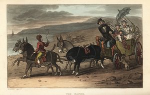 Los Arenales: turistas en un carruaje tirado por burros en la playa. Grabado en cobre coloreado a mano por Thomas Rowlandson después de un boceto de J. Green de Poetical Sketches of Scarborough, Ackermann, Londres