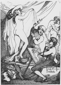La futura Lady Hamilton posando como Higía, diosa de la salud, en el Templo de Esculapio del Dr. James Graham de Thomas Rowlandson