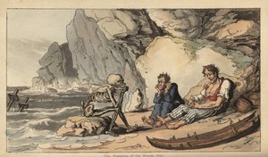 La figura esquelética de la Muerte se sienta en una playa con dos marineros náufragos. Grabado en cobre coloreado a mano dibujado y grabado por Thomas Rowlandson de The English Dance of Death, Ackermann, Londres de Thomas Rowlandson