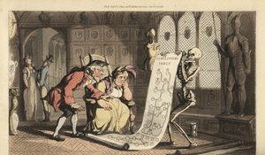 La muerte con su reloj de arena muestra una tabla genealógica a dos genealogistas aristocráticos ancianos en una sala con escudos heráldicos y armaduras. Grabado en cobre coloreado a mano dibujado y grabado por Thomas Rowlandson de The English Dance of Dea de Thomas Rowlandson
