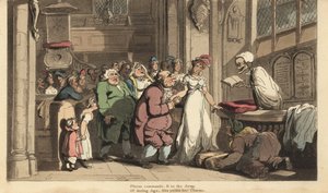 El esqueleto de la Muerte como sacerdote celebrando la boda entre una joven y un viejo feo. Grabado en cobre coloreado a mano dibujado y grabado por Thomas Rowlandson de The English Dance of Death, Ackermann, Londres de Thomas Rowlandson