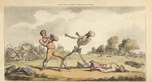 El esqueleto de la Muerte boxea con un boxeador de puño limpio mientras otro boxeador yace en el suelo y la multitud huye aterrorizada. Grabado en cobre coloreado a mano dibujado y grabado por Thomas Rowlandson del libro The English Dance of Death, Ackerma