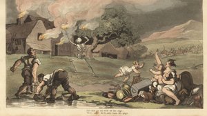 La muerte quema una casa con antorchas mientras una familia intenta salvar sus tesoros (grabado de Thomas Rowlandson)