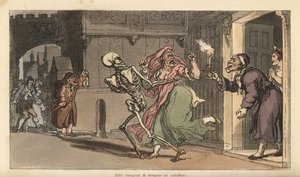 El esqueleto de la Muerte se lleva a una virago de una casa mientras un vigilante nocturno con linterna observa. Grabado en cobre coloreado a mano dibujado y grabado por Thomas Rowlandson de The English Dance of Death, Ackermann, Londres