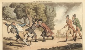 El esqueleto de la Muerte se lleva a un hombre herido antes de que el médico pueda atenderlo después de un duelo fatal con pistolas en un parque. Grabado en cobre coloreado a mano dibujado y grabado por Thomas Rowlandson de The English Dance of Death, Acke de Thomas Rowlandson